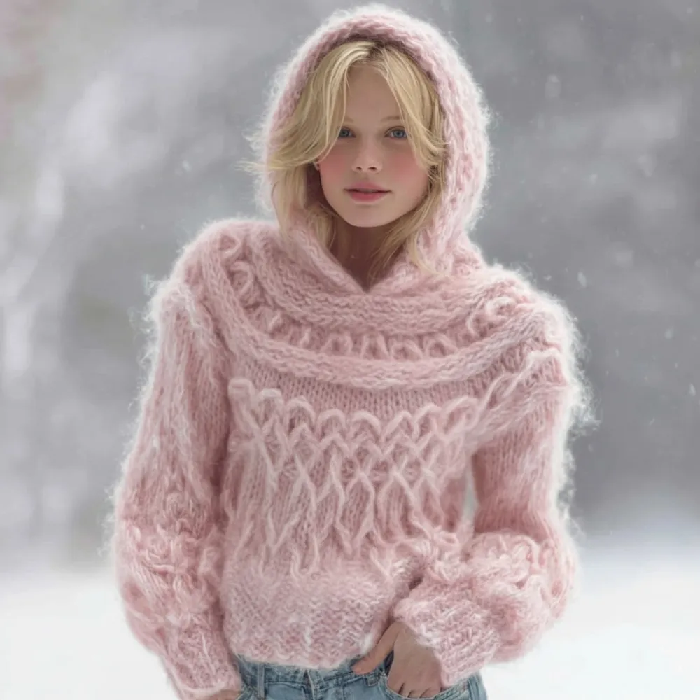 Women's Pink Cable Knit Warm Hooded Sweater