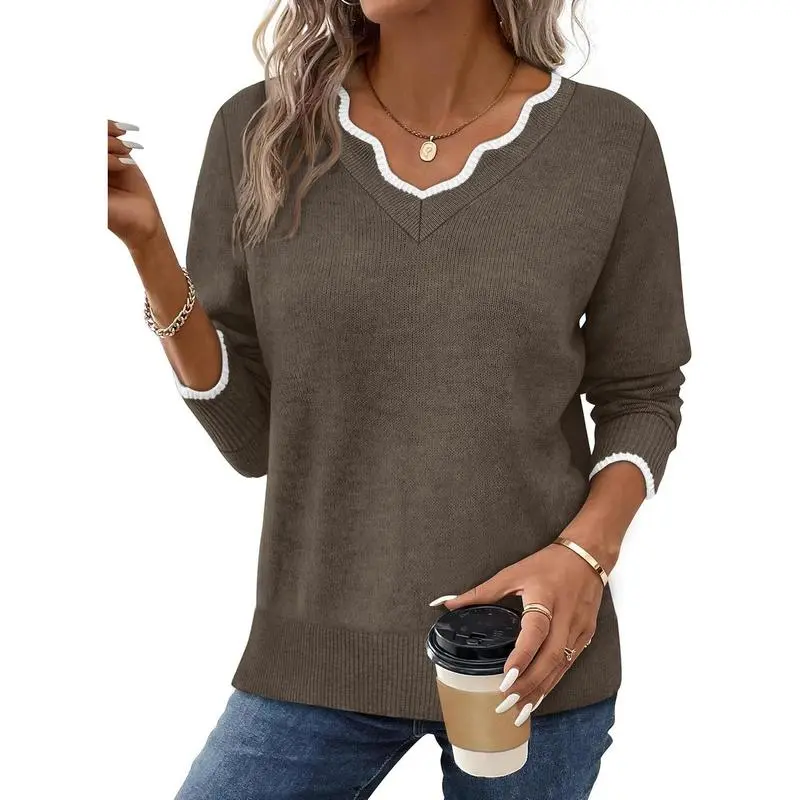 Women's Soft V-Neck Pullover Sweater Lightweight Knit Top for Layering Casual Apricot Longsleeves