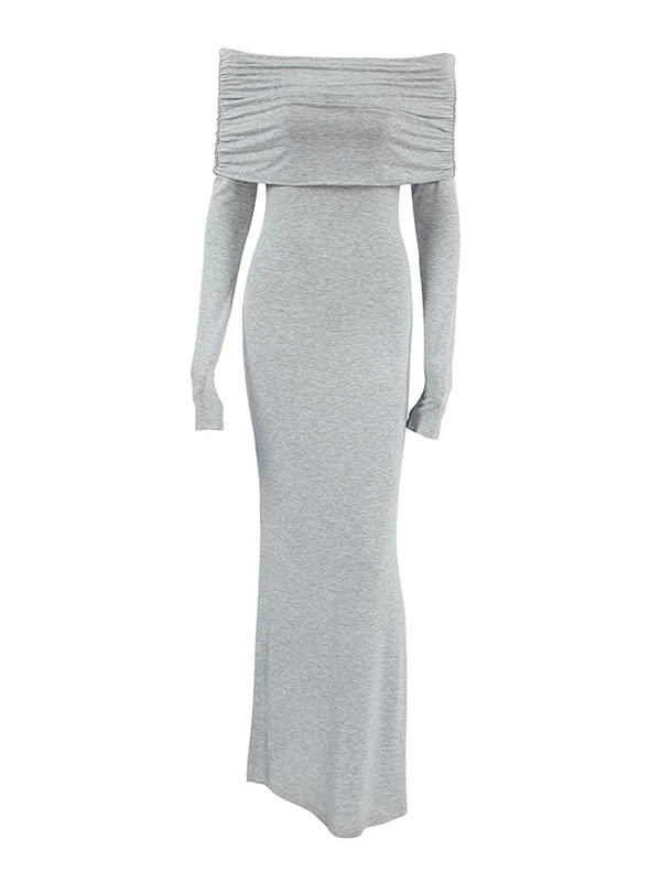 Pleated Solid Color Split-Joint Long Sleeves Skinny Off-the-shoulder Maxi Dresses Evening Dresses