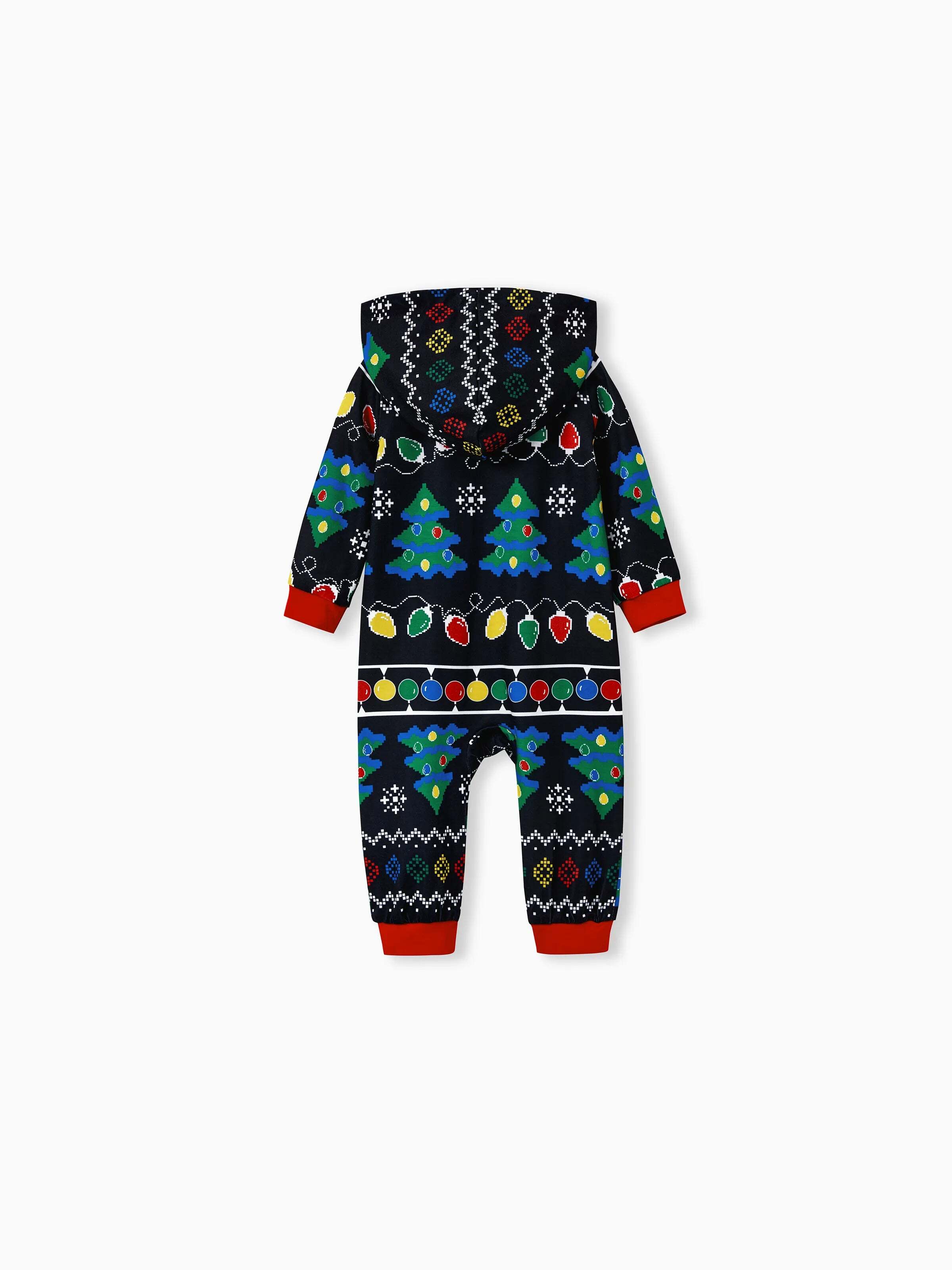 Christmas Onesies Matching Family Pajamas Set Christmas Tree Print PJS with Christmas Socks Black