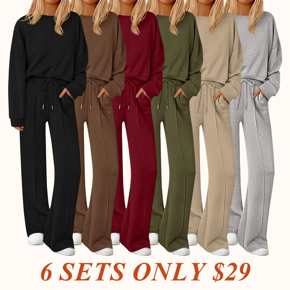 2 Piece Sets For Women Fall Trendy Long Sleeve Sweatshirt Wide Leg Pants Loungewear