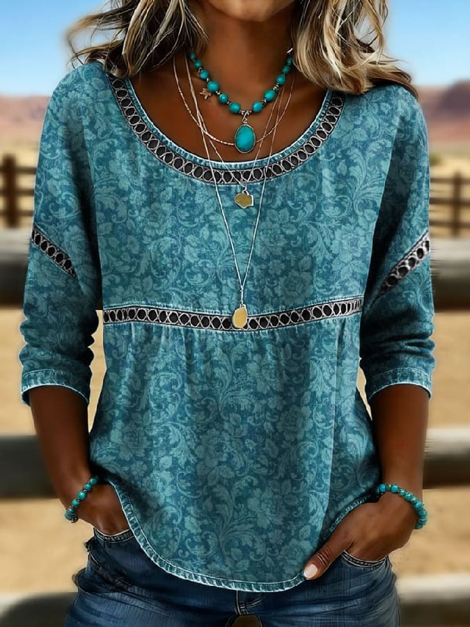 Women's Casual Retro Floral Print Cotton-Linen Cutout Top