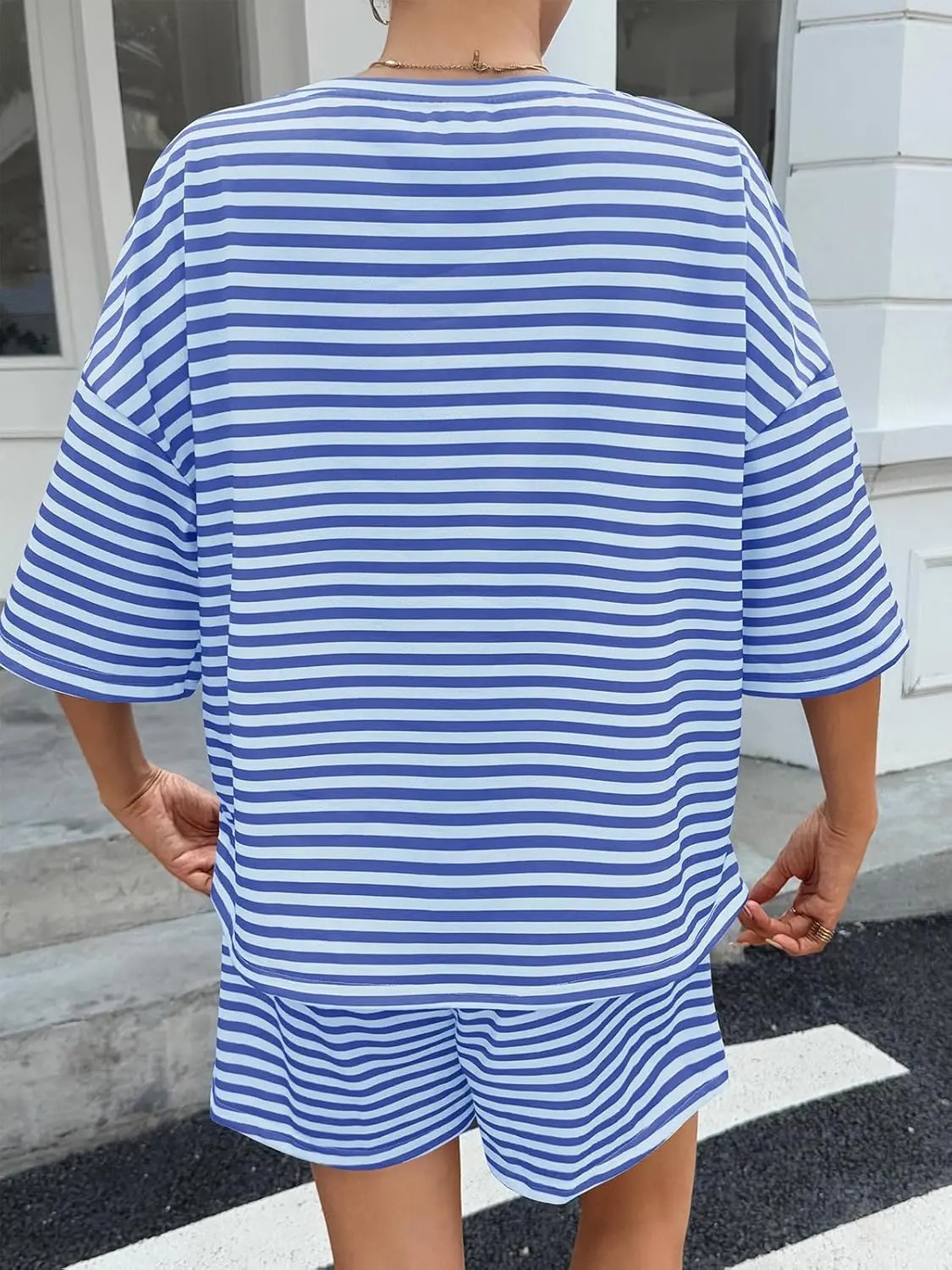 Women's Striped 2-Piece Lounge Set – 3/4 Sleeve Sweatsuit & High Waist Shorts