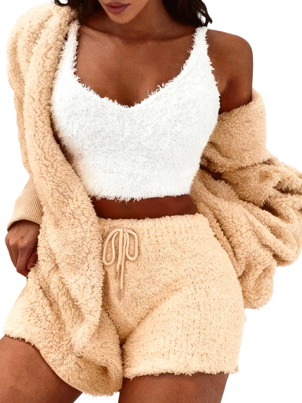Women's Solid Color Plush Three-piece Pyjama Set