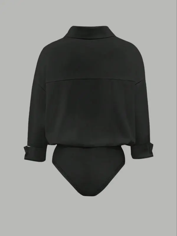 Women's casual loose-fitting V-neck long-sleeved shirt jumpsuit, made from elegant woven fabric