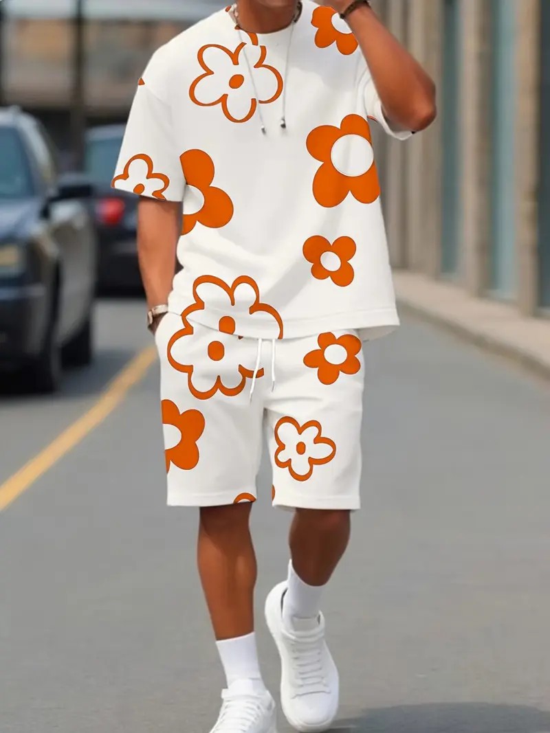 Men’s 3D Printed Fitted Short Sleeve & Shorts Summer Set