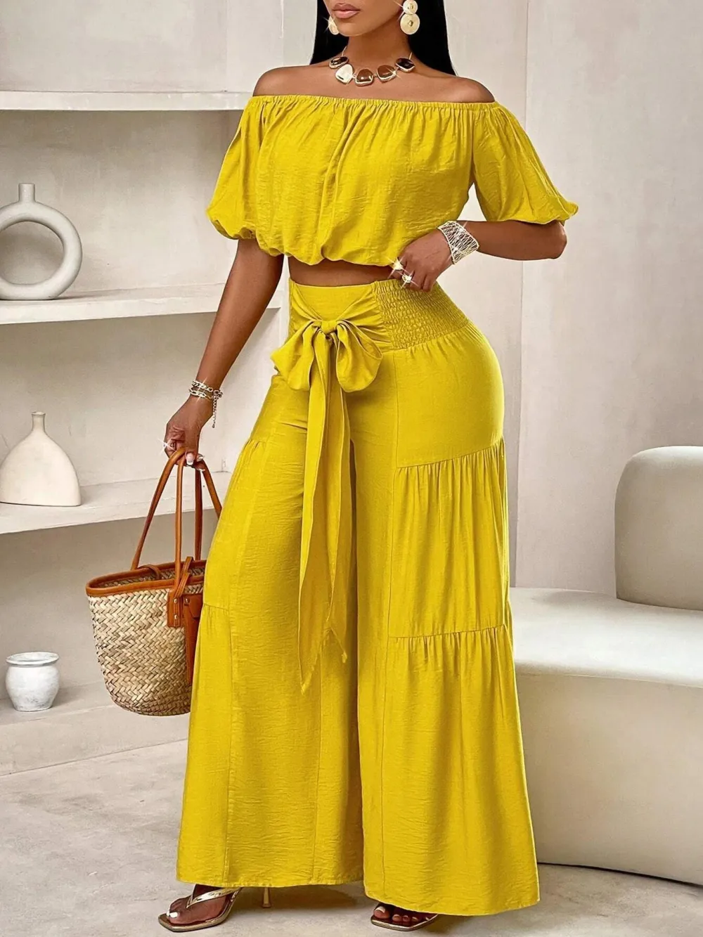 Women's Solid Color Top & Wide Leg Pants Set, Casual Off Shoulder Top & Palazzo Pants for Summer