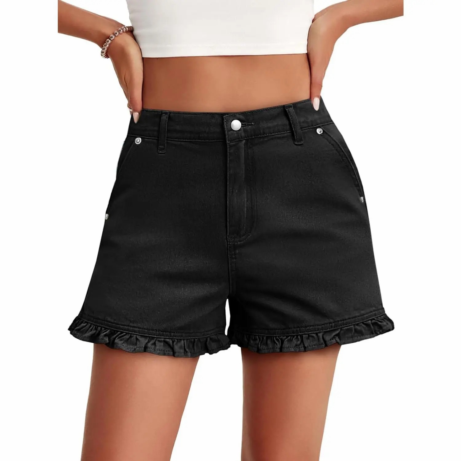 Women's High Waisted Ruffle Denim Shorts – Cute Cotton Summer Jeans with Pockets