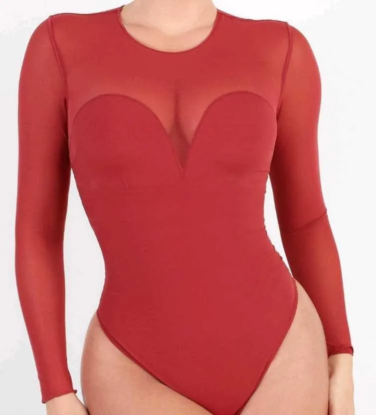 Deep V-Neck Long Sleeve Bodysuit Breathable Fabric Sheer Lace Turtleneck with Built-in Bra