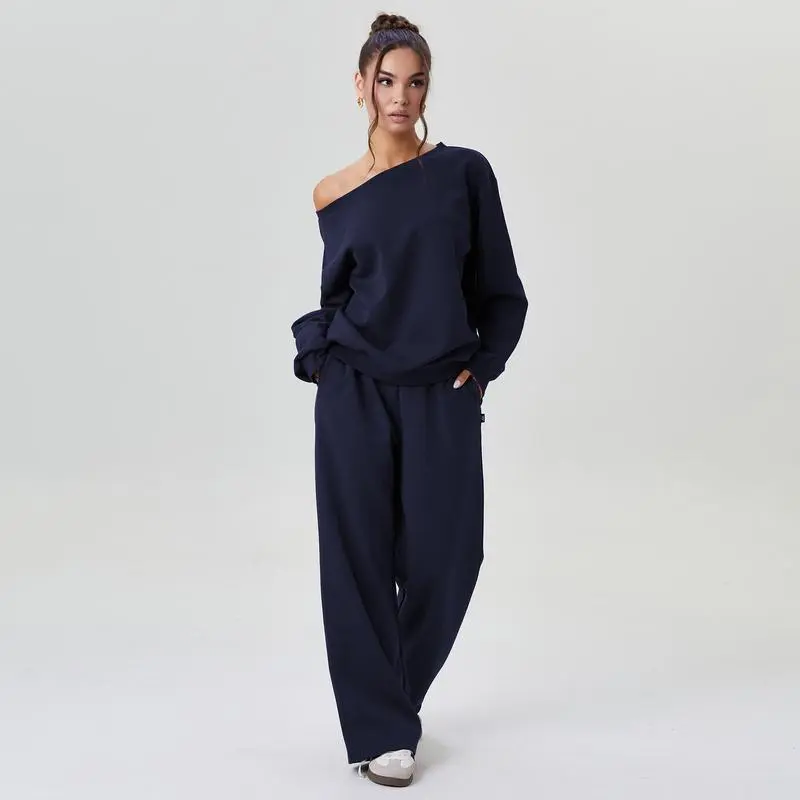 Women's Leisure Solid Color Sloping Shoulder Long Sleeve Top & Wide Leg Trousers Co-ord