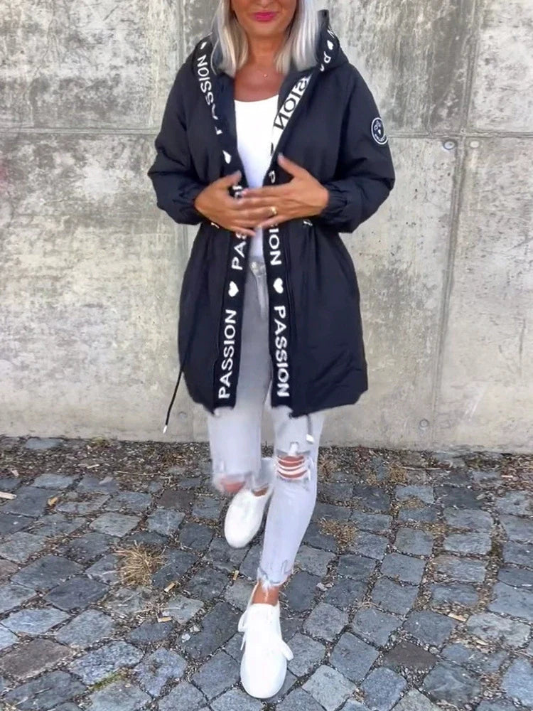 Women Hooded Letter Print Casual Coat