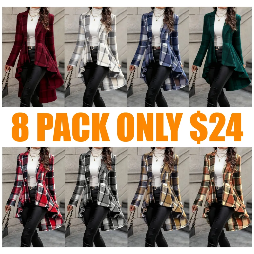 Women's Plaid Print Button High Low Hem Jacket