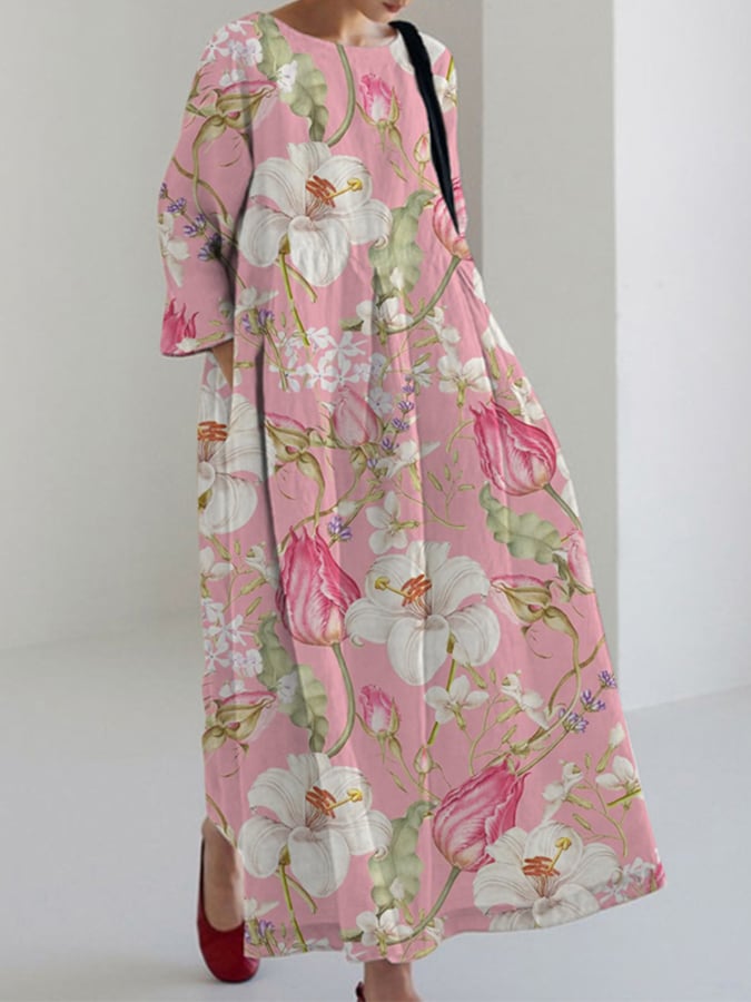 Women's Elegant Lily Floral Cotton and Linen Dress- Fast Shipping