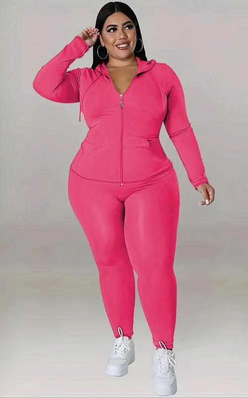 Plus Size Solid Zip Up Hooded Top & Skinny Pants Set