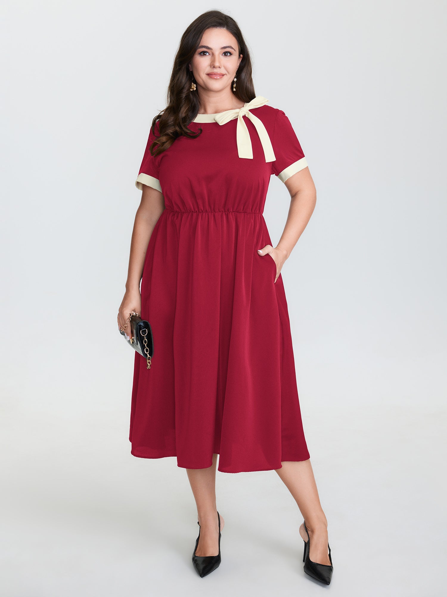 Bow Neckline Stretchy Waist Midi Dress