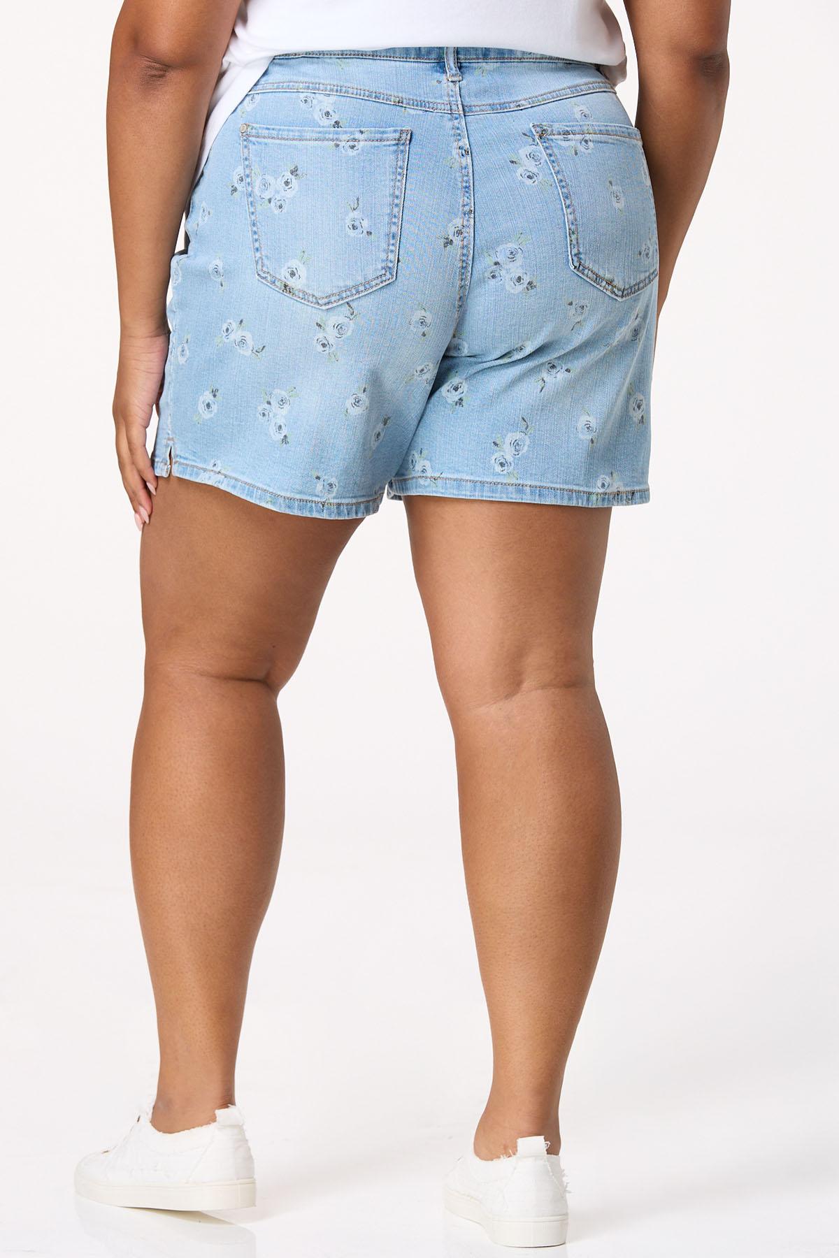 Plus Size Floral Print Denim Shorts