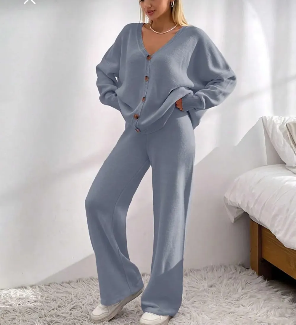 Women's Longsleeves  Cardigan & Wide Leg Pants Two-piece Set