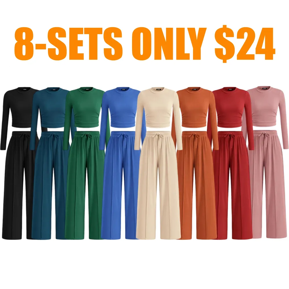 Ribbed Knit Long Sleeve Crop Top Wide Leg Pants