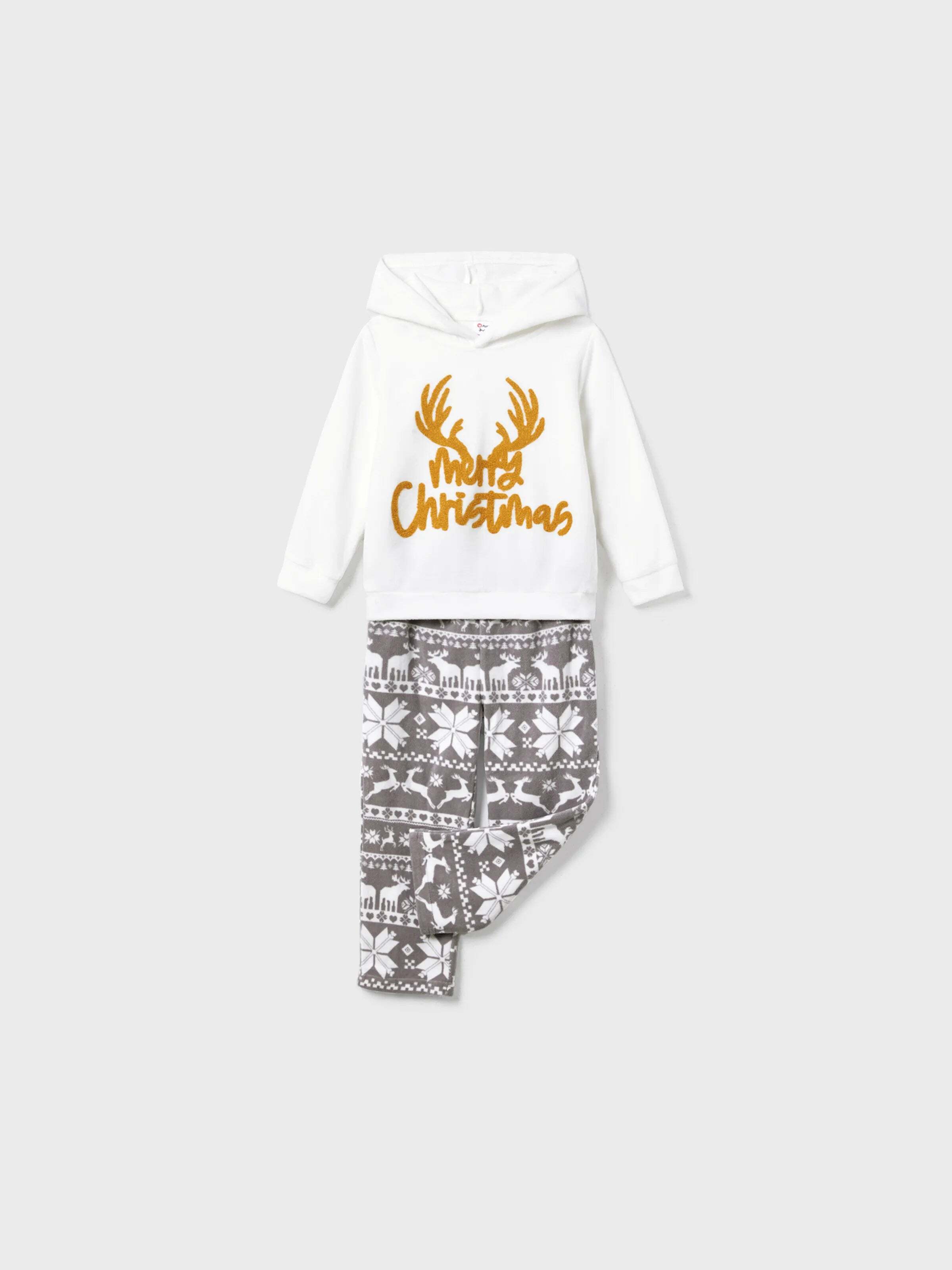 Christmas Family Matching Letters Embroidered Long-sleeve Hooded Fleece Pajamas Sets with Christmas Socks White