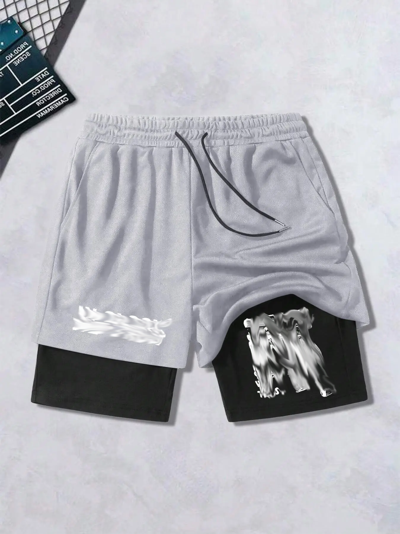 Men's Regular Fit Letter & Gun Print 2 in 1 Drawstring Waist Shorts, Casual Pocket Track Shorts for Summer