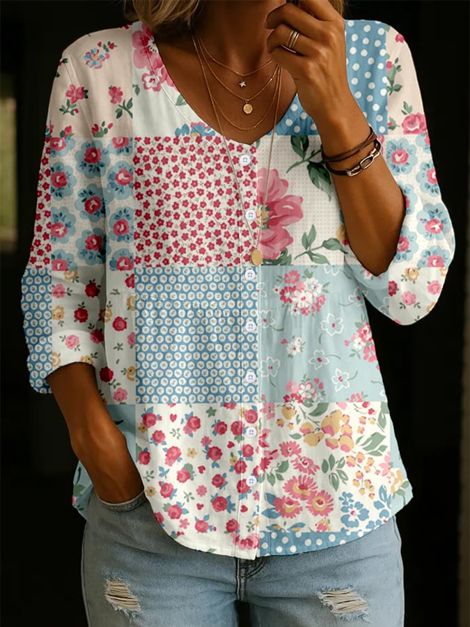 Women's Retro Floral Art Print Button-Up Shirt- Fast Shipping