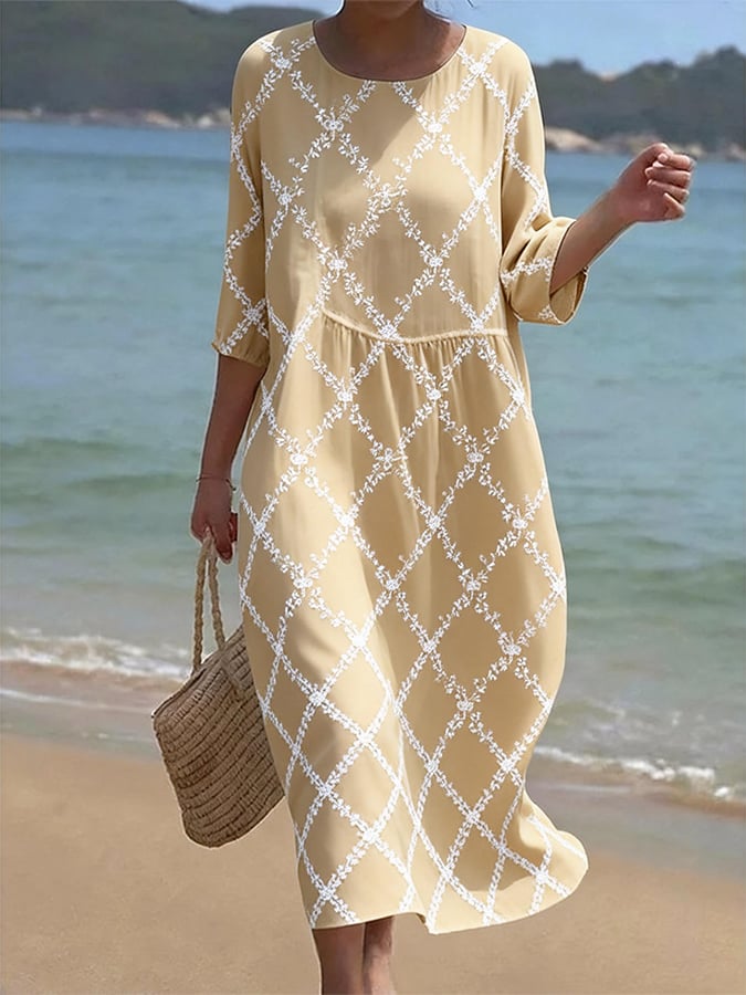 Women's Casual  Round Neck Mid Sleeve Print Cotton and Linen Dress- Fast Shipping