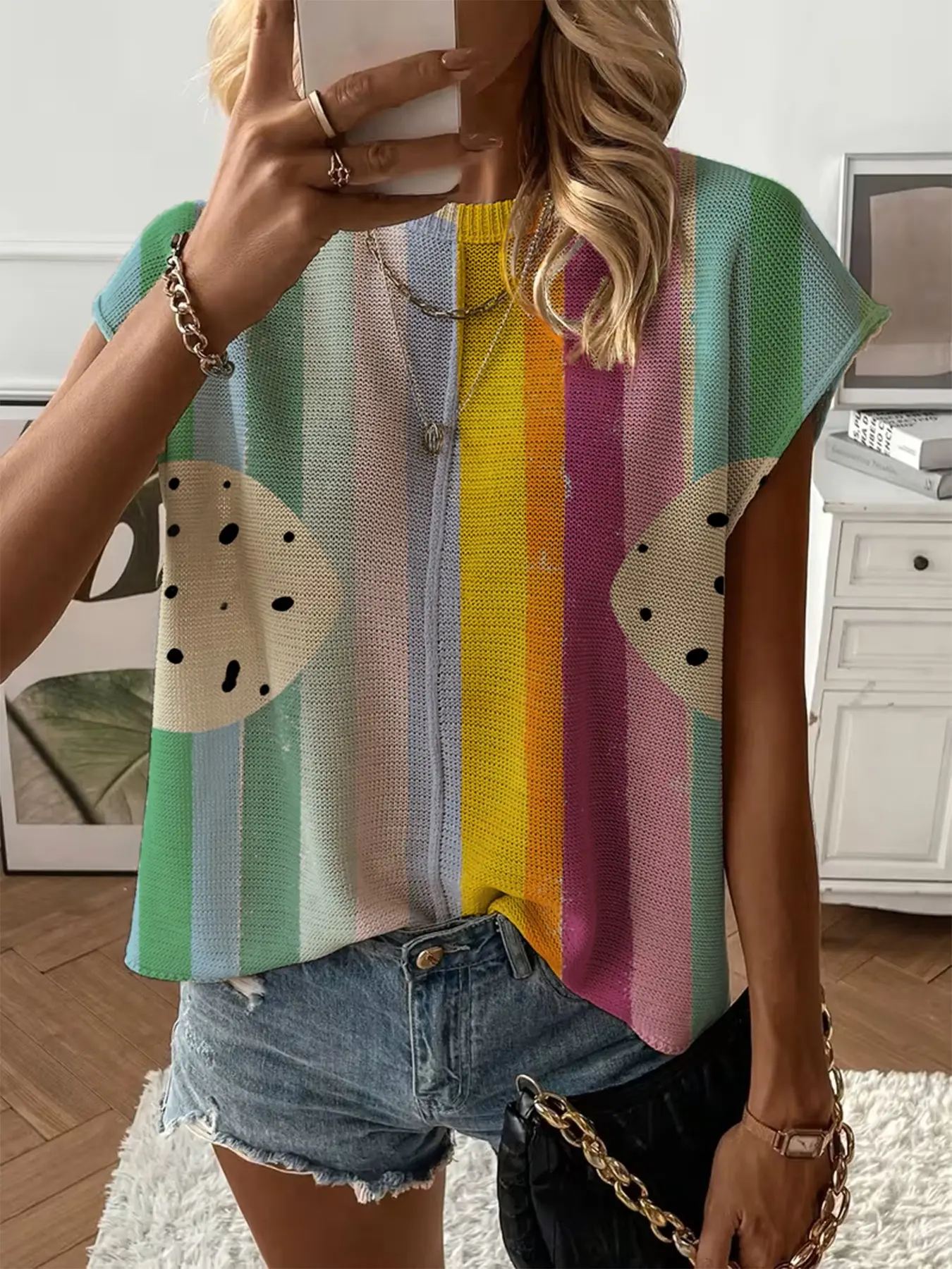 Spring/Summer crew neck drop-shoulder loose fit contrast stripe splicing print short-sleeve women's knit top