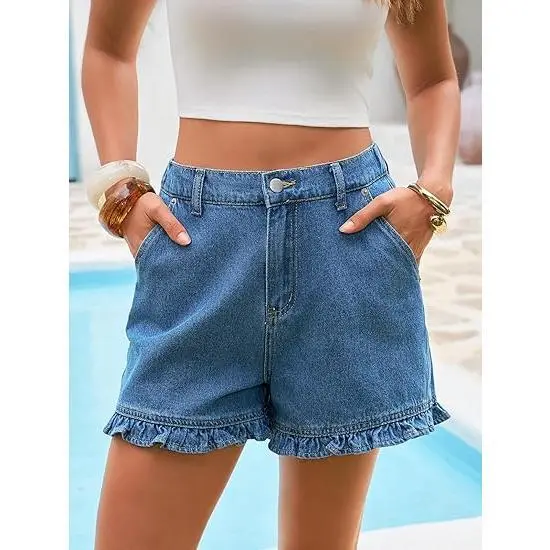 Women's Summer Ruffled Denim Shorts — Cute High-Waisted, Pure Cotton Denim Shorts with Pockets