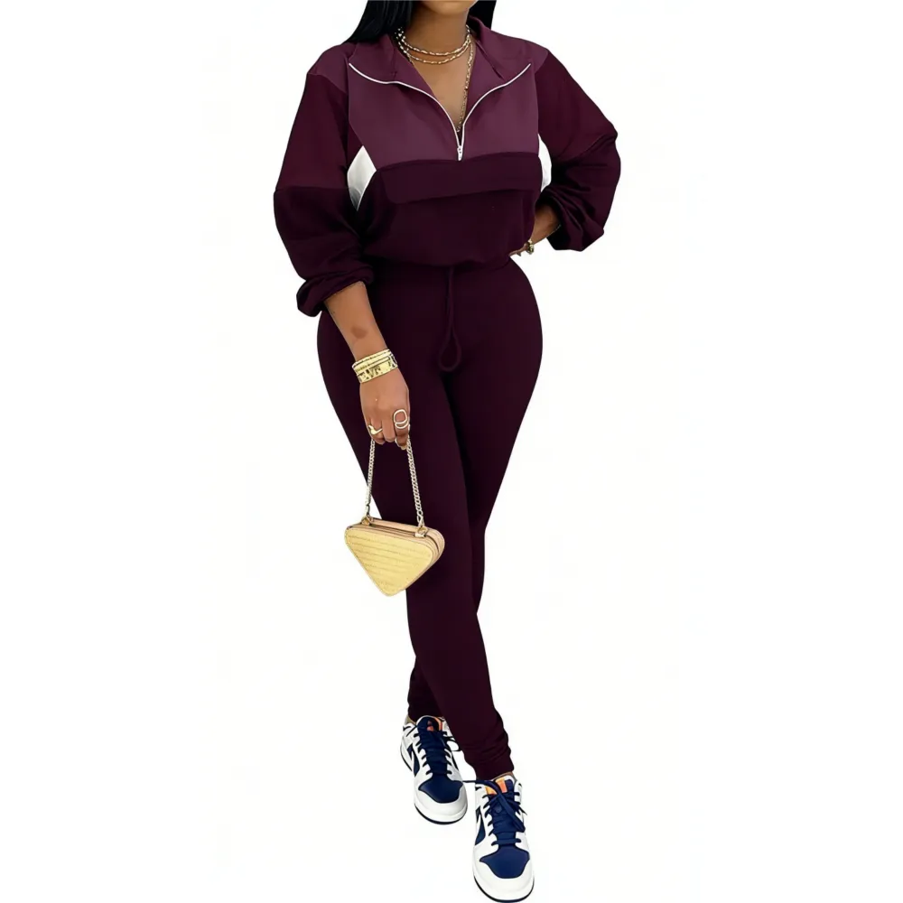 Women's Colorblock 2-Piece Knit Zip Jacket Elastic Waist Tracksuit