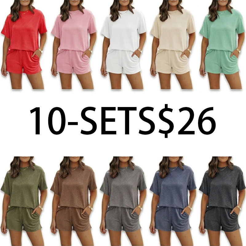 Women's Ribbed Lounge Set – Short Sleeve Twisted Top & Shorts with Pockets