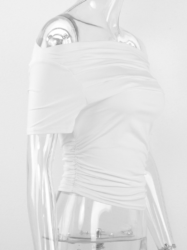 Pleated Solid Color Split-Joint Short Sleeves Skinny Boat Neck T-shirts