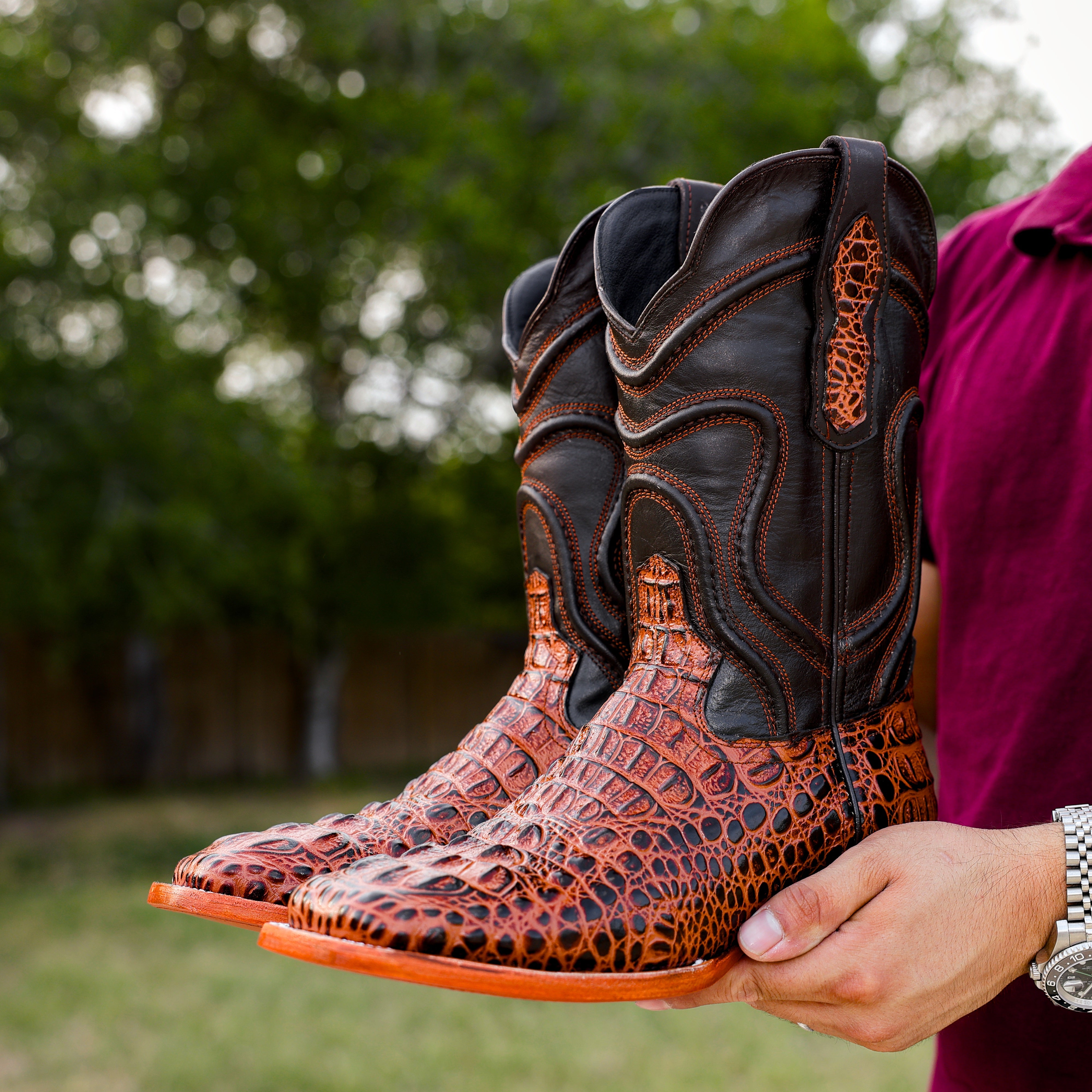 Cognac Caiman Neck Leather Boots - Square Toe