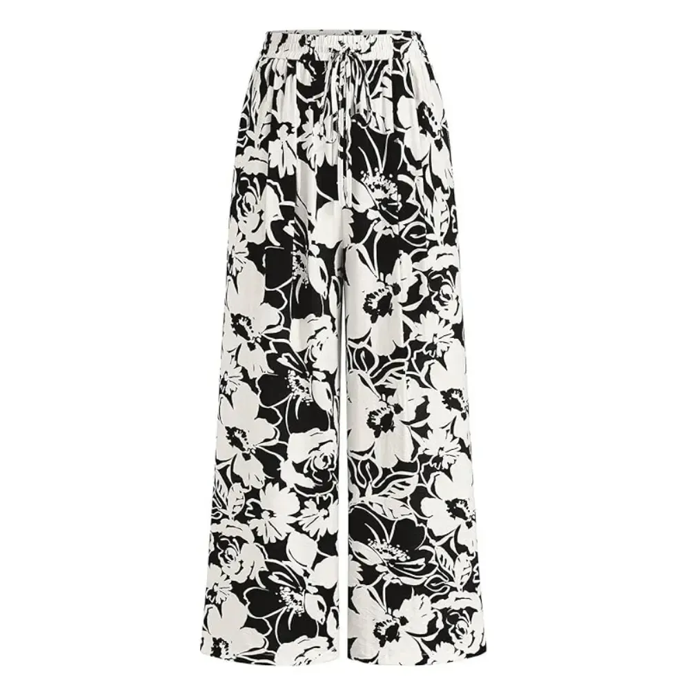 Women's Pants Elastic Waist Striped Lightweight Palazzo Trousers With Pockets Casual Lounge Wide Leg Bottoms