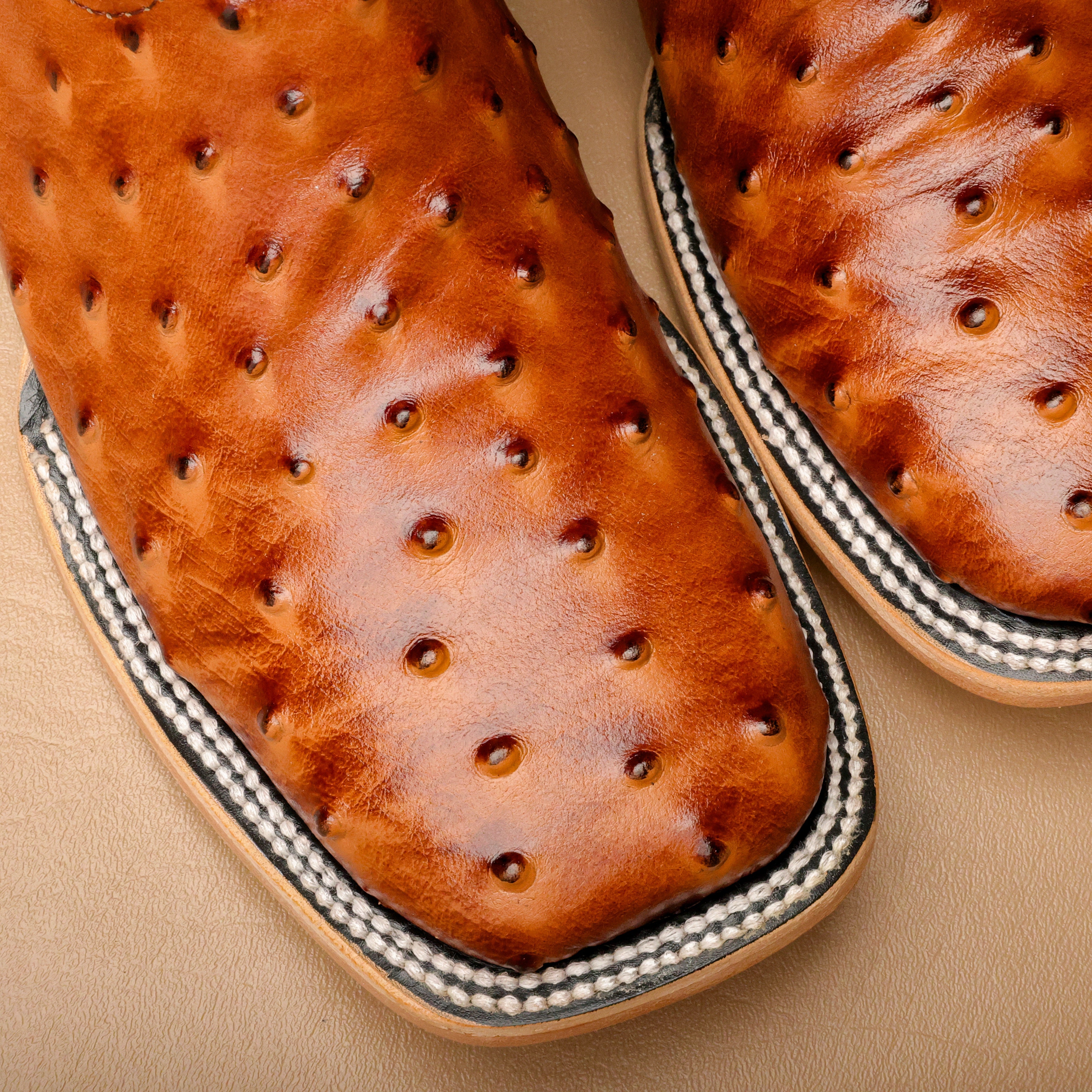 Cognac Ostrich Leather Boots - Square Toe