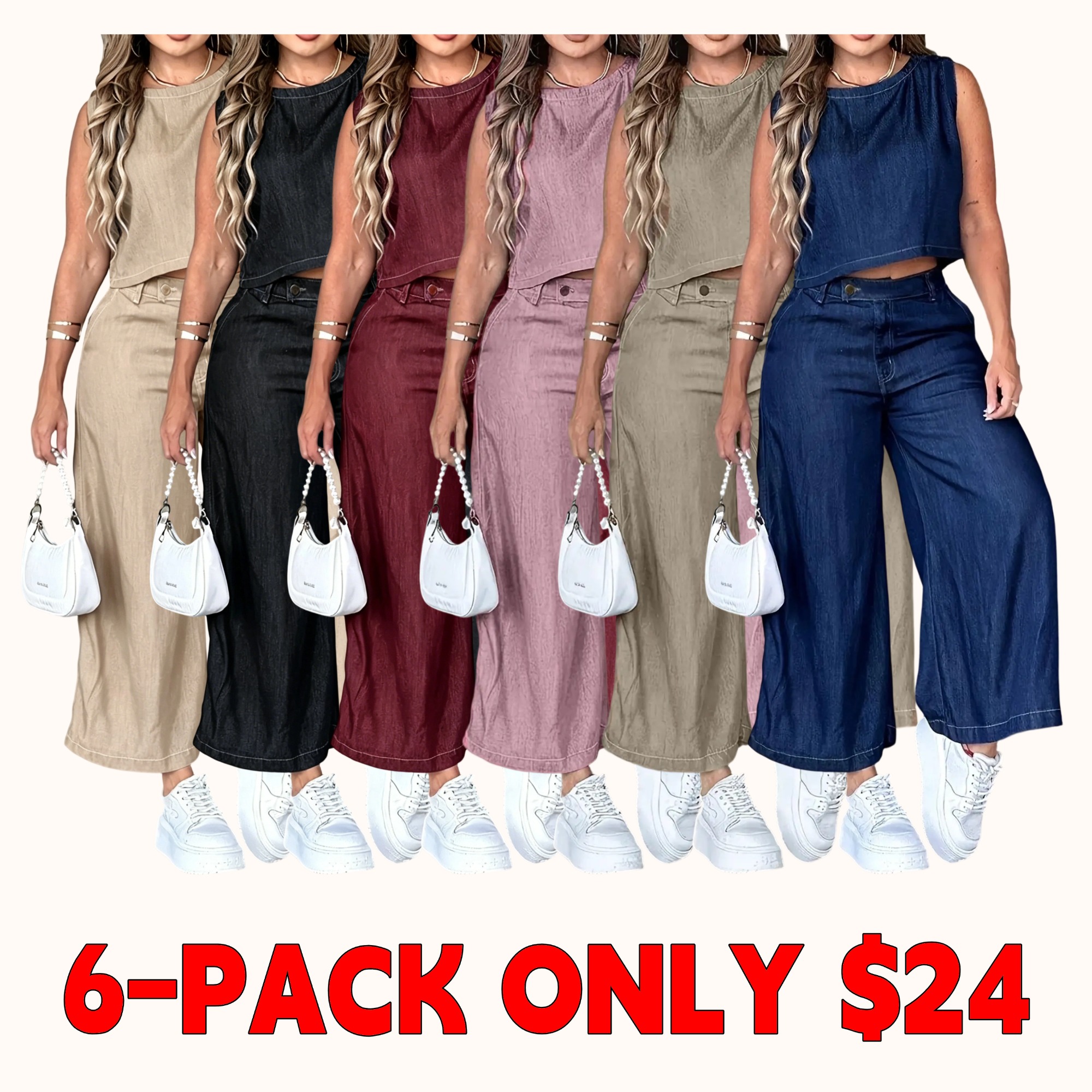 Women's sleeveless round neck vest and wide-leg pants suit