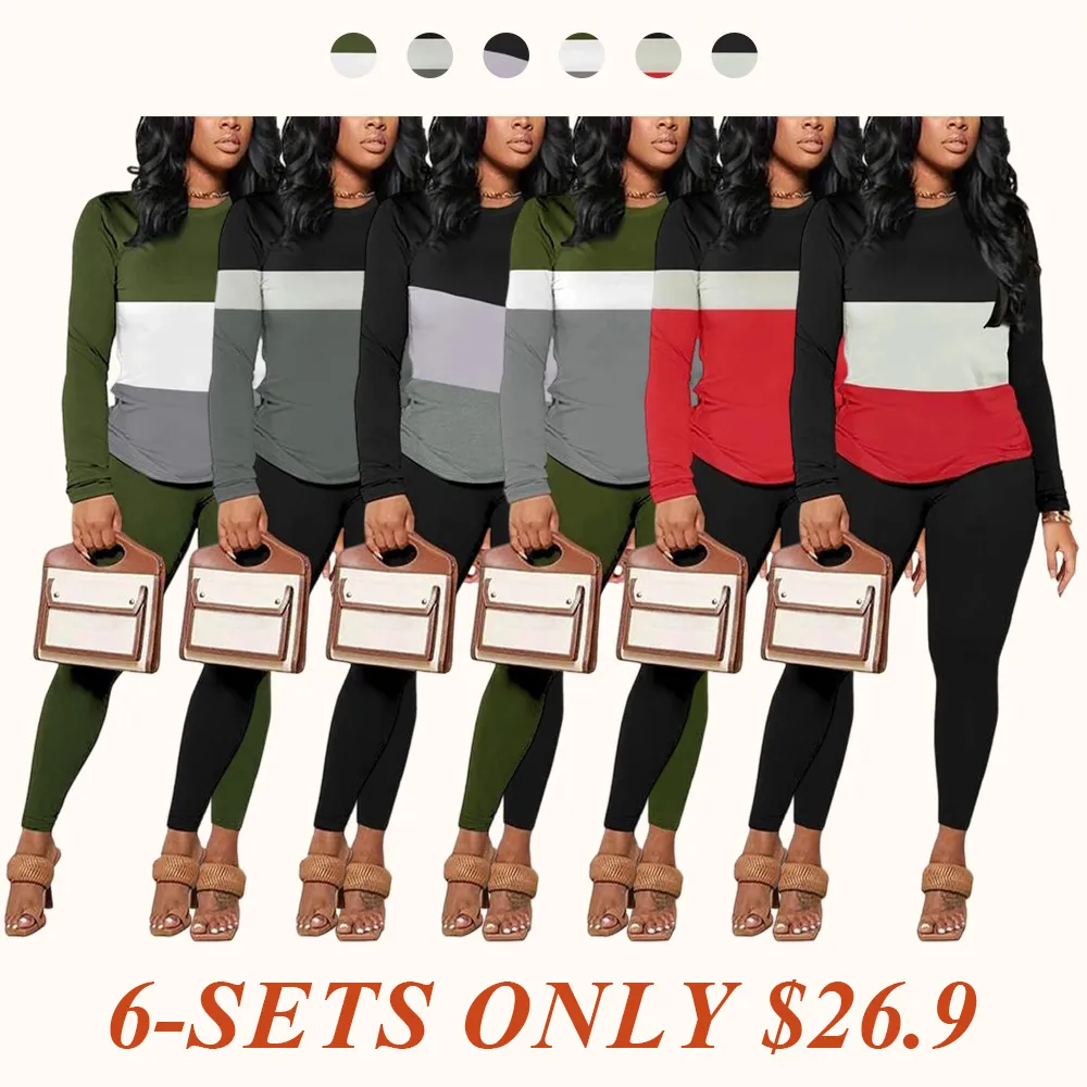 Two-Piece Set Women's Striped Print Long Sleeve Tee & Skinny Pants Set