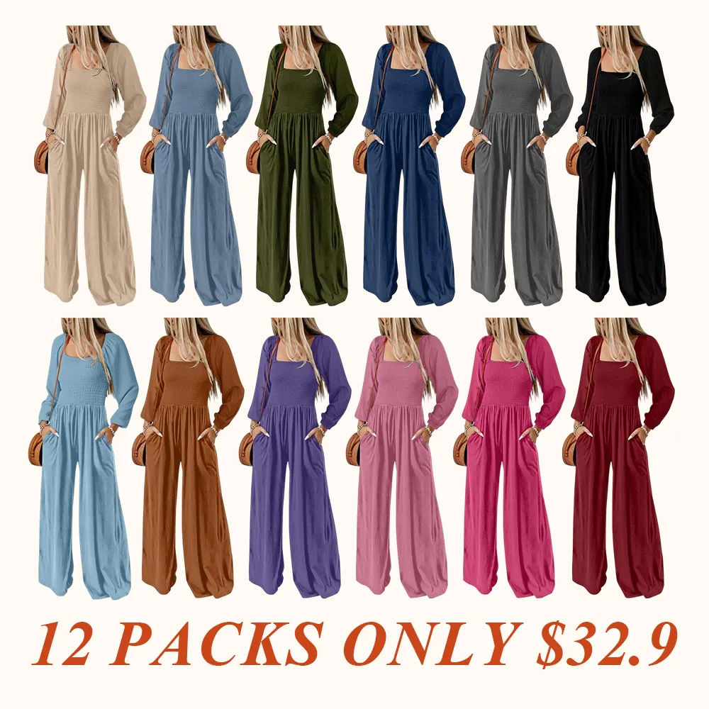 Women's Casual Loose Overalls Jumpsuits One Piece Long Sleeve Wide Leg Long Pant Rompers With Pockets