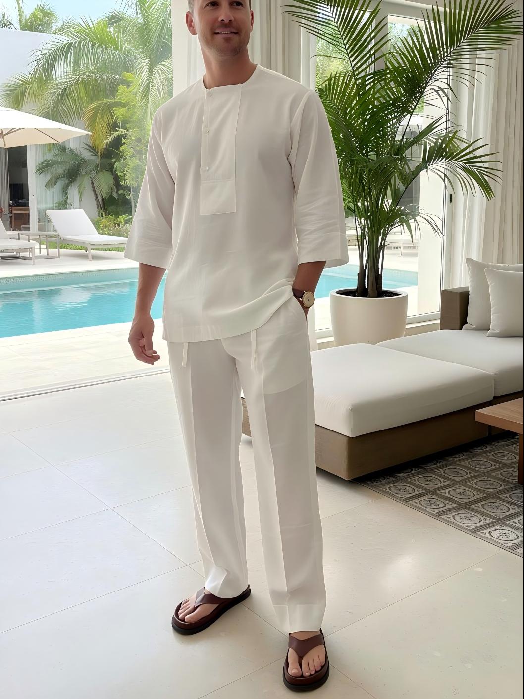 Men's Exclusive Design Side Button Cotton and Linen T-shirt