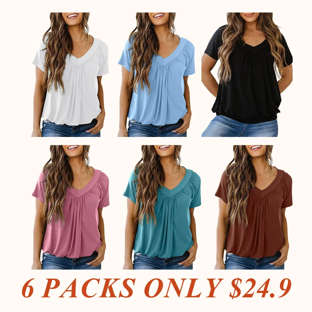 Women's Casual Summer Short Sleeve V Neck Tops T-shirts - Loose Fit & Comfortable Shirring Top