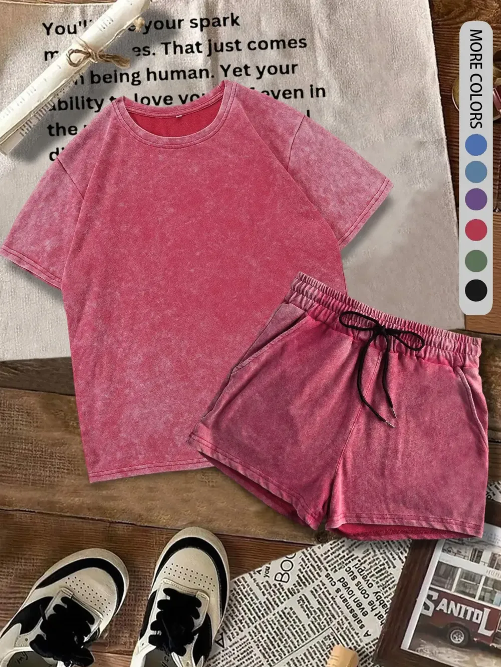 Two-piece Set Women's Solid Color Denim-effect Print Tee & Shorts