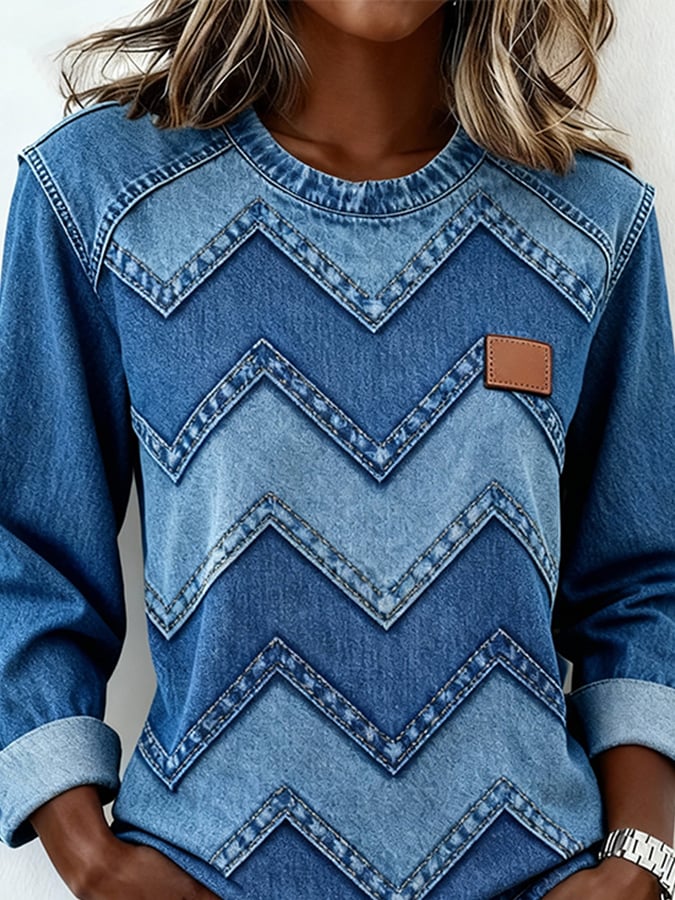 Women's Casual Crew Neck Printed Patchwork Sweatshirt
