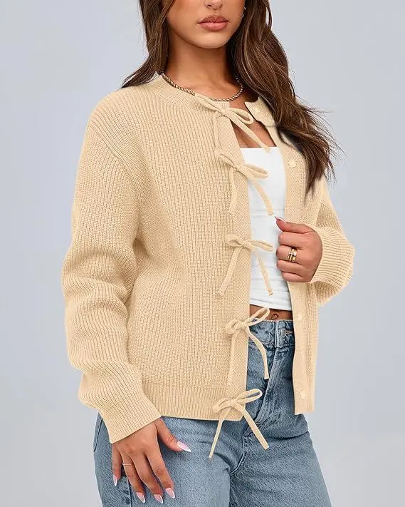 Open Front Long Sleeve Button Cardigan Sweaters for Women
