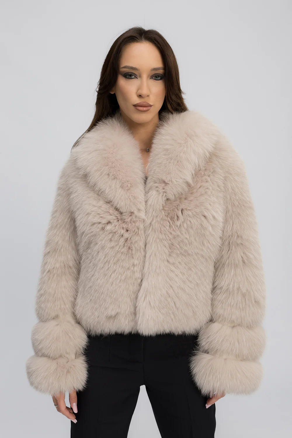 Haină din Blană Naturală de Vulpe Polară, cu Guler Rever, Femei, Ivory Cloud 471
