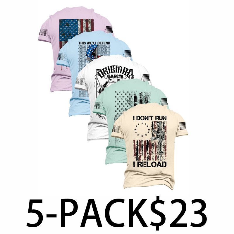 Men's 5-Pack Flag Print T-Shirts – Fitted Short Sleeve Casual Summer Tees