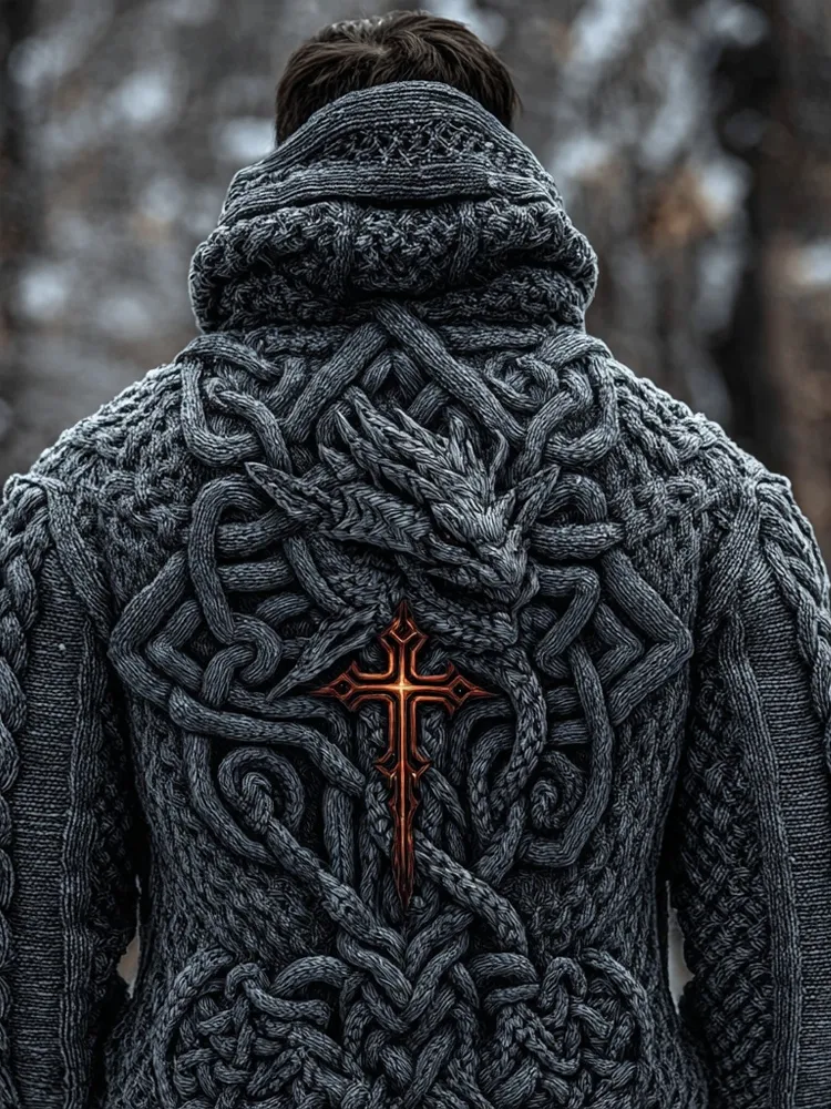 Men's Vintage Viking Celtic Dragon Chunky Hooded Sweater