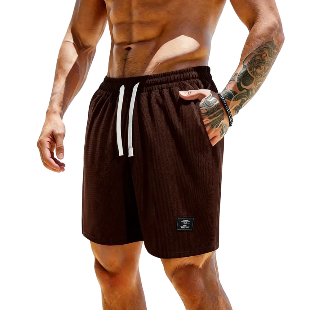 solid color, men’s casual shorts with side pockets and a drawstring elastic waistband
