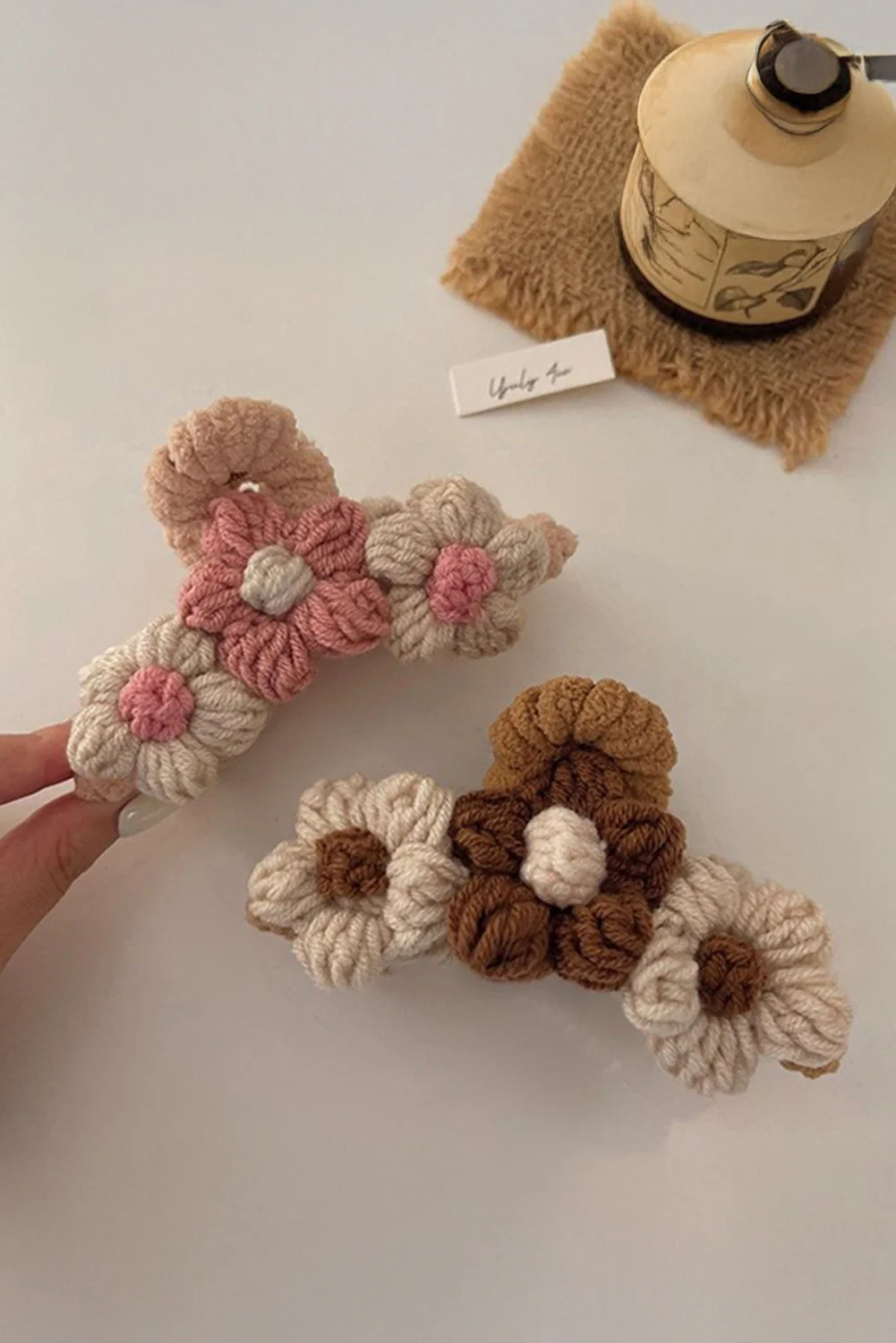 Pink Flower Crochet Cover Large Hair Claw Clip