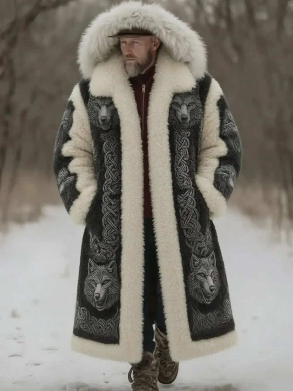 Men's Viking Style Warm Fleece Mid-length Coat