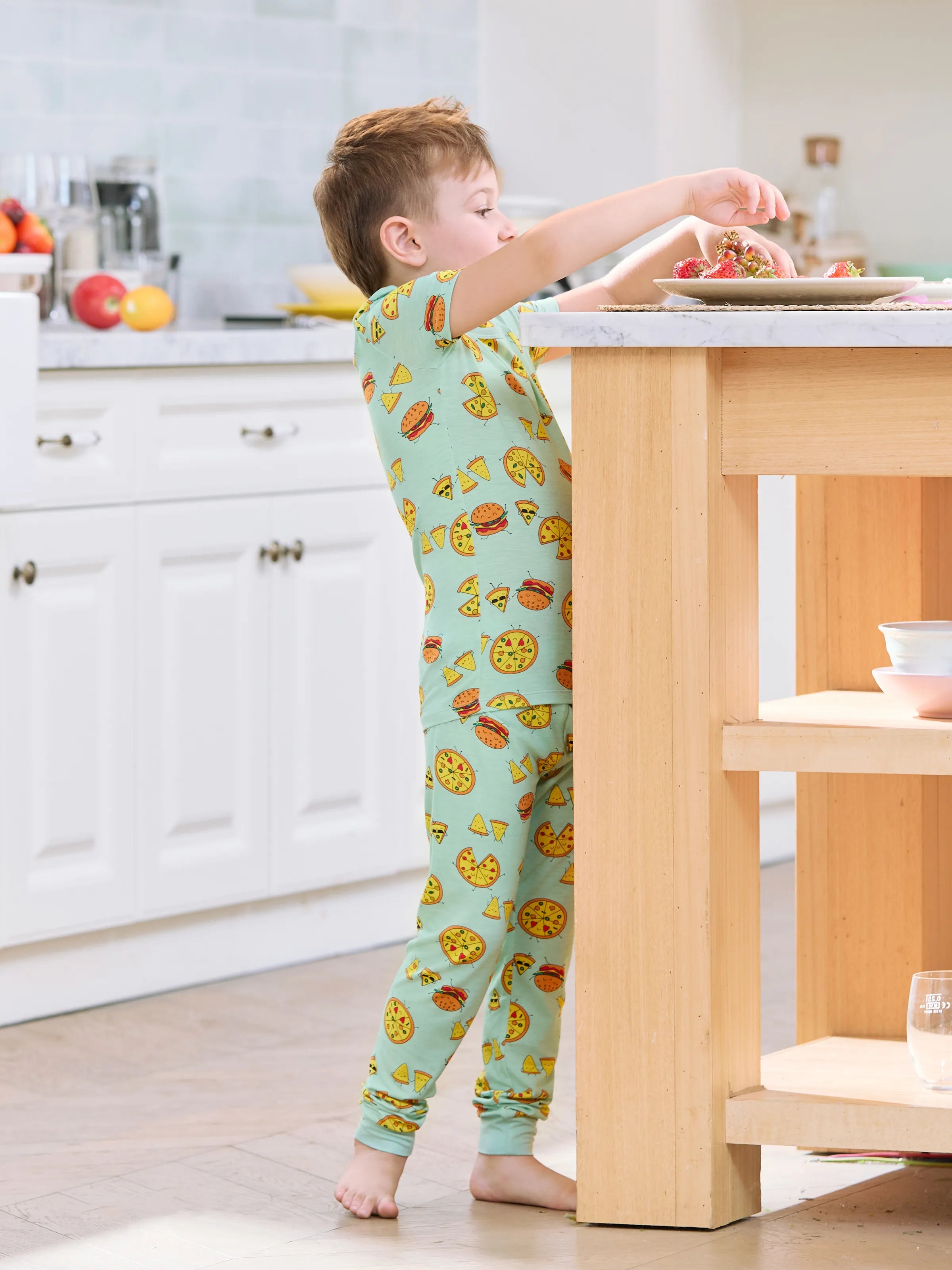 Bamboo Family Mint Green PJs Cute Cartoon Food Theme Print Short Sleeve & Long Pants Sleepwear Matching Pajama set (Snug-Fitting for Children) Light Blue