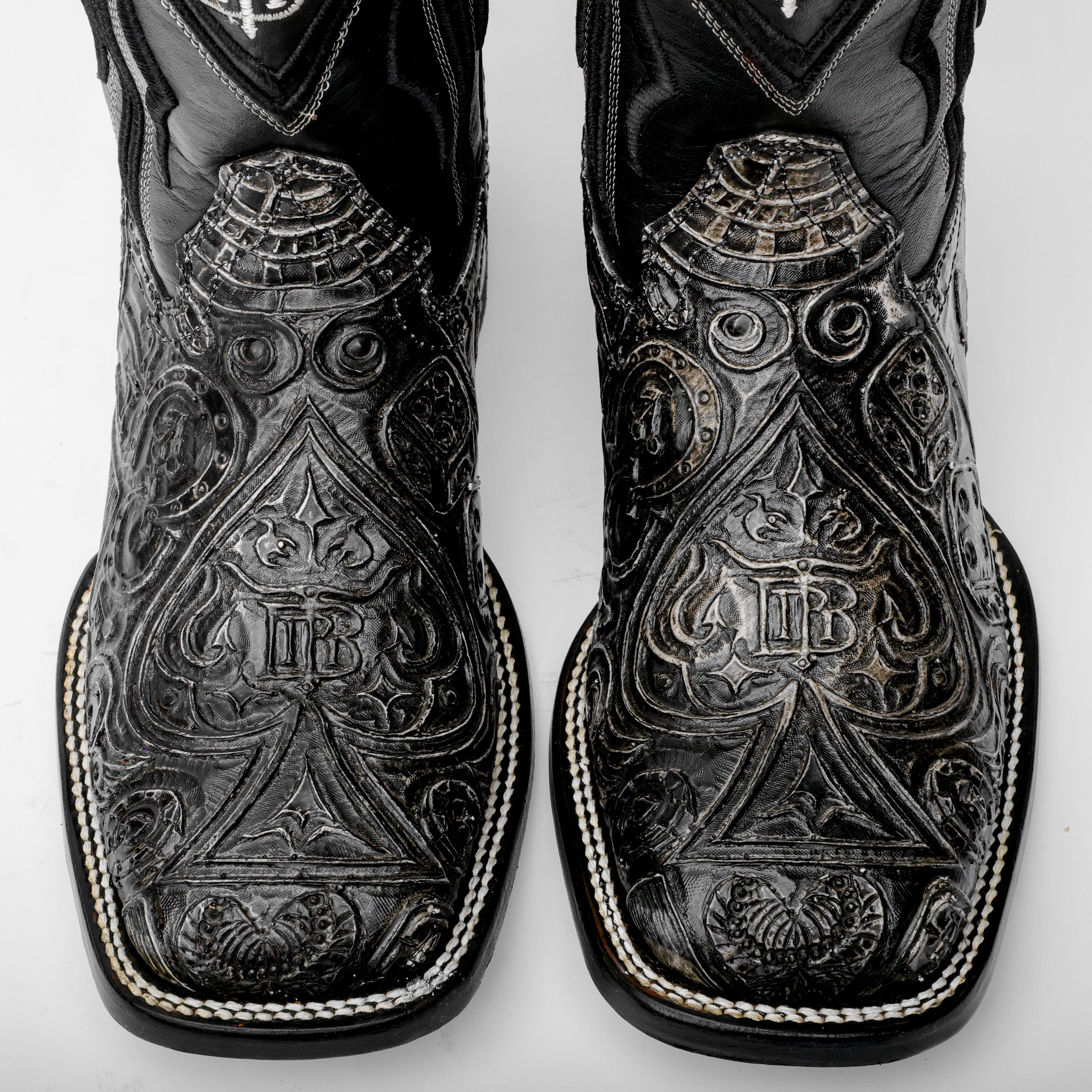 “Ace Of Spades” Grey/Black Leather Boots - Square Toe